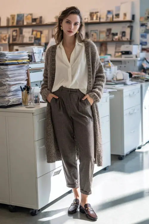 Full-body photo of a woman styled in a long cardigan worn over a blouse and tapered trousers, finished with leather loafers, comfortable winter business casual outfit 