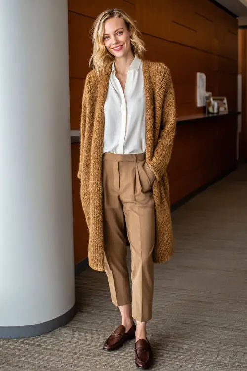 Full-body photo of a woman styled in a long cardigan worn over a blouse and tapered trousers, finished with leather loafers, comfortable winter business casual outfit