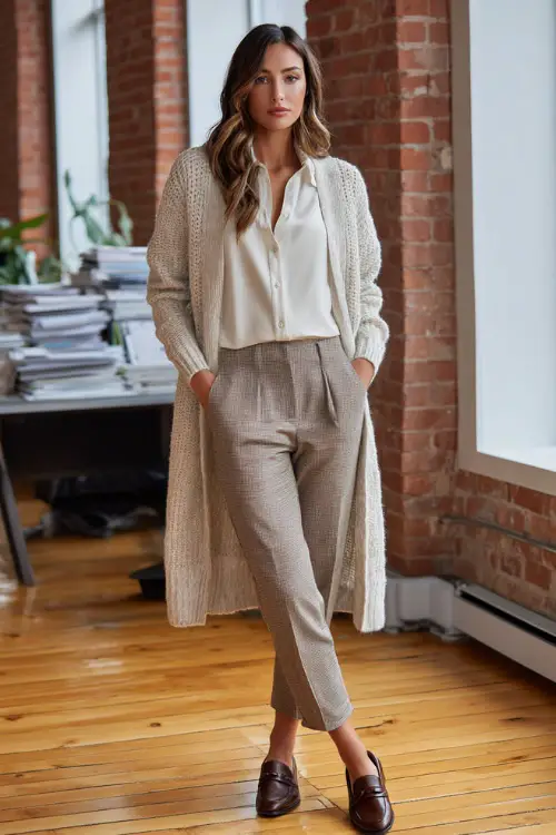 Full-body photo of a woman styled in a long cardigan worn over a blouse and tapered trousers, finished with leather loafers