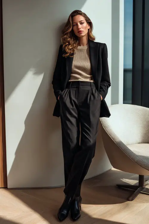 Full-body photo of a woman styled in a longline blazer with matching trousers and a refined knit top, sophisticated business casual look, contemporary office interior with natural lighting