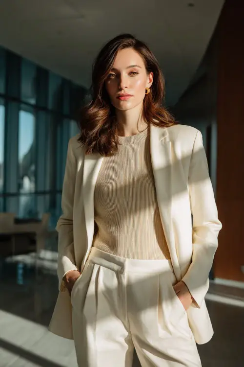 Full-body photo of a woman styled in a longline blazer with matching trousers and a refined knit top, sophisticated business casual look