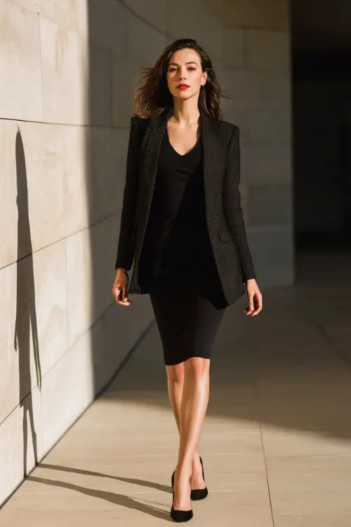 Full-body photo of a woman styled in a longline blazer worn over a sleek dress with classic heels, sophisticated business casual party outfit, modern evening event setting 