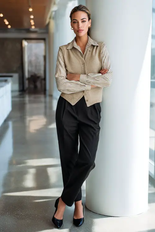 Full-body photo of a woman styled in a structured vest worn over a long-sleeve blouse, paired with straight-leg trousers and flats, modern simple business casual outfit 