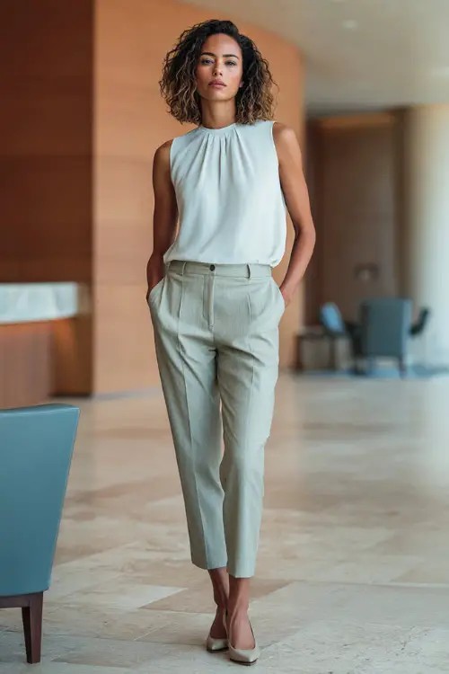 Full-body photo of a woman wearing a crisp sleeveless blouse paired with cropped trousers and pointed flats, understated business casual outfit, modern office lobby setting 