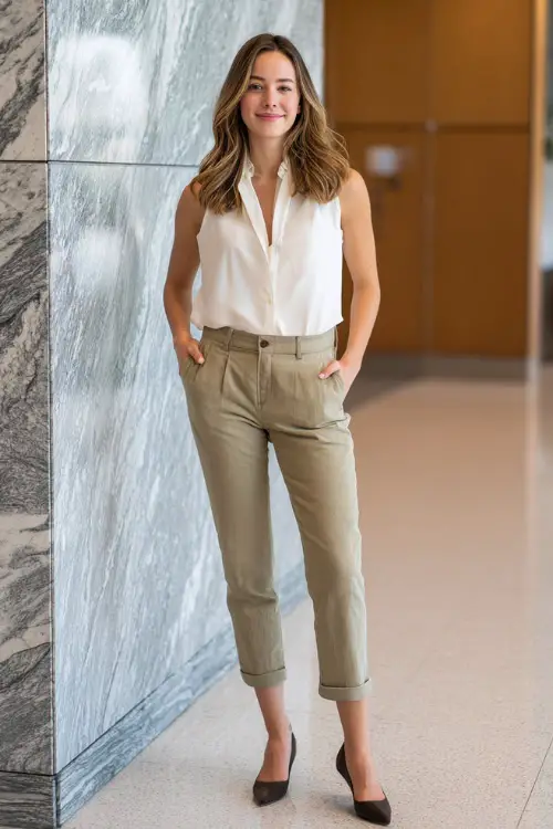 Full-body photo of a woman wearing a crisp sleeveless blouse paired with cropped trousers and pointed flats, understated business casual outfit, modern office lobby setting 