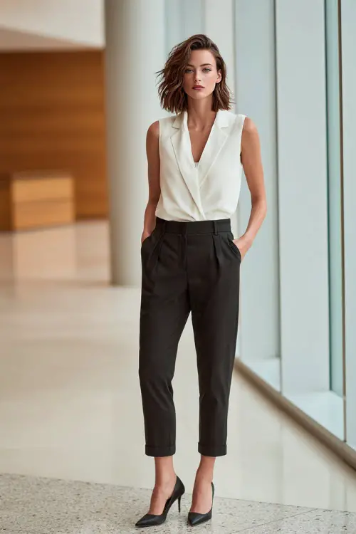 Full-body photo of a woman wearing a crisp sleeveless blouse paired with cropped trousers and pointed flats, understated business casual outfit, modern office lobby setting