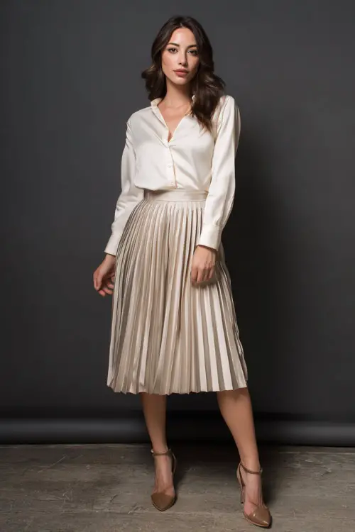 Full-body photo of a woman wearing a pleated midi skirt with a tucked-in blouse and heeled sandals, classy business casual party outfit, stylish corporate celebration background 