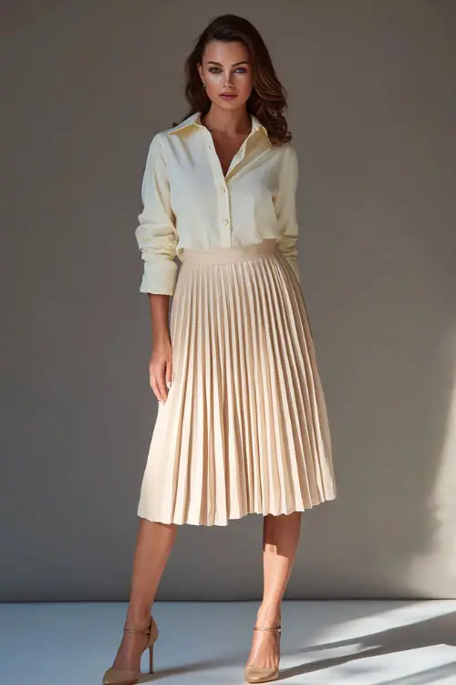 Full-body photo of a woman wearing a pleated midi skirt with a tucked-in blouse and heeled sandals, classy business casual party outfit, stylish corporate celebration background