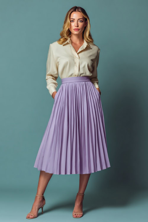 Full-body photo of a woman wearing a pleated midi skirt with a tucked-in blouse and heeled sandals, classy business casual party outfit