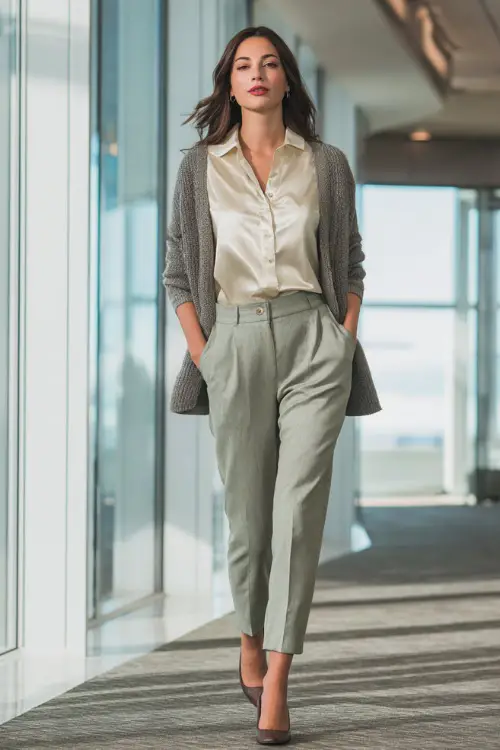 Full-body photo of a woman wearing a structured cardigan over a satin blouse, ankle-length tailored pants, and low heels, polished business casual look 