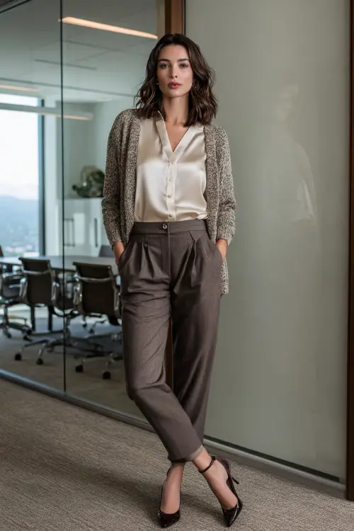 Full-body photo of a woman wearing a structured cardigan over a satin blouse, ankle-length tailored pants, and low heels, polished business casual look