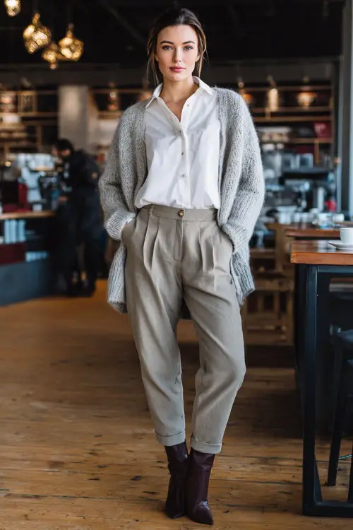 Full-body photo of a woman wearing a tailored cardigan layered over a crisp button-down shirt, ankle-length trousers, and heeled boots, smart winter business casual style 