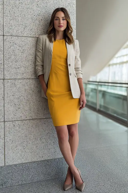 Full-body photo of a woman wearing a tailored sheath dress layered with a lightweight blazer and classic pumps, polished business casual outfit for work