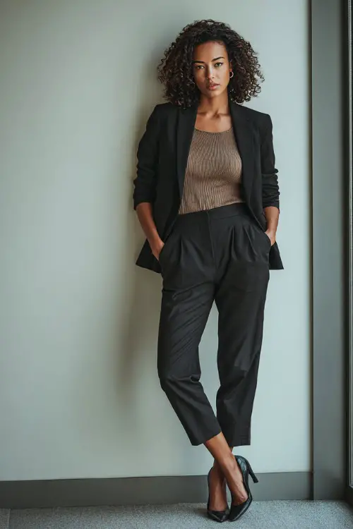Full-body shot of a Black woman dressed in a monochrome business casual outfit featuring a blazer, fine-knit top, and tailored trousers, clean modern aesthetic 