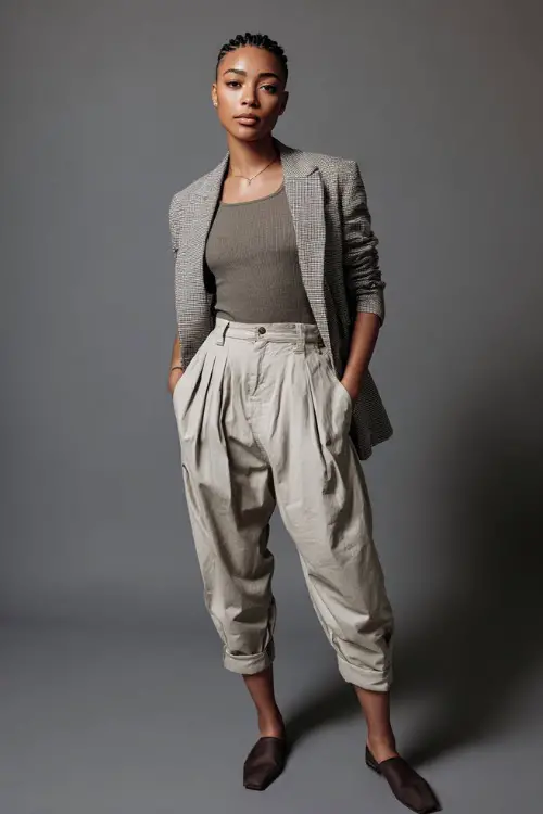 Full-body shot of a Black woman dressed in a monochrome business casual outfit featuring a blazer, fine-knit top, and tailored trousers, clean modern aesthetic 