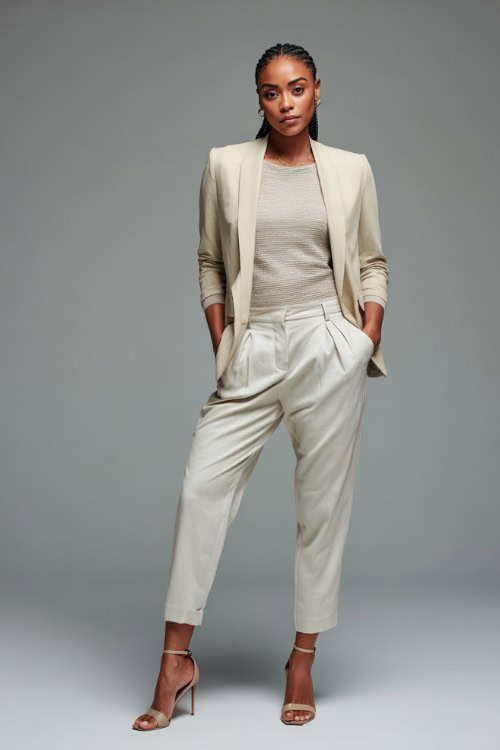 Full-body shot of a Black woman dressed in a monochrome business casual outfit featuring a blazer, fine-knit top, and tailored trousers, clean modern aesthetic 