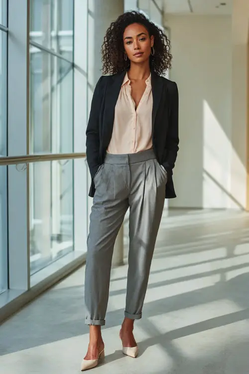 Full-body shot of a Black woman wearing a tailored blazer over a soft blouse, straight-leg trousers, and pointed-toe flats, polished business casual outfit 