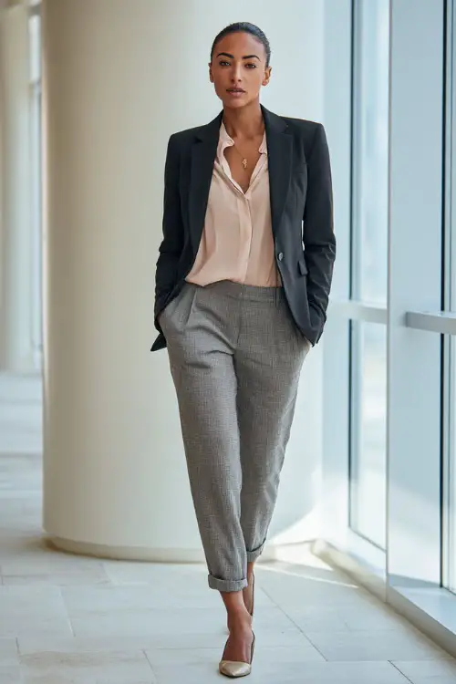 Full-body shot of a Black woman wearing a tailored blazer over a soft blouse, straight-leg trousers, and pointed-toe flats, polished business casual outfit