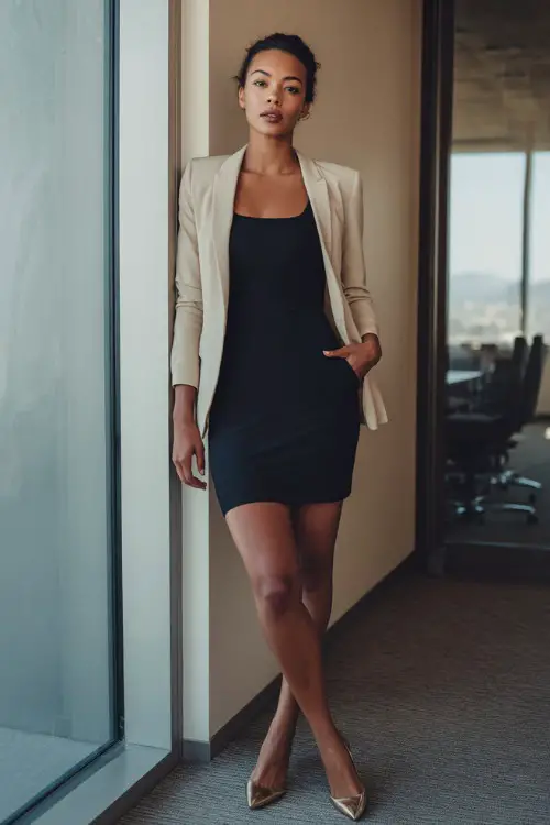 Full-body shot of a Black woman wearing a tailored sheath dress layered with a lightweight blazer and elegant flats, refined business casual outfit, modern office meeting room 