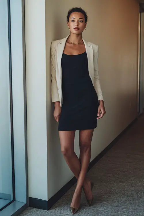 Full-body shot of a Black woman wearing a tailored sheath dress layered with a lightweight blazer and elegant flats, refined business casual outfit, modern office meeting room 