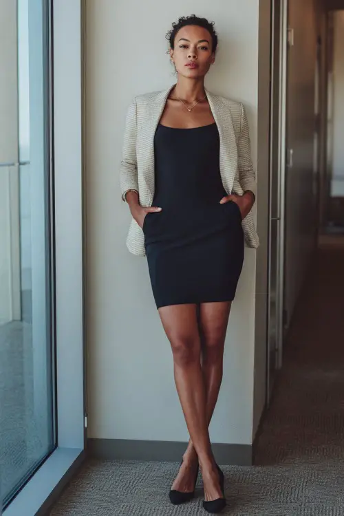 Full-body shot of a Black woman wearing a tailored sheath dress layered with a lightweight blazer and elegant flats, refined business casual outfit, modern office meeting room