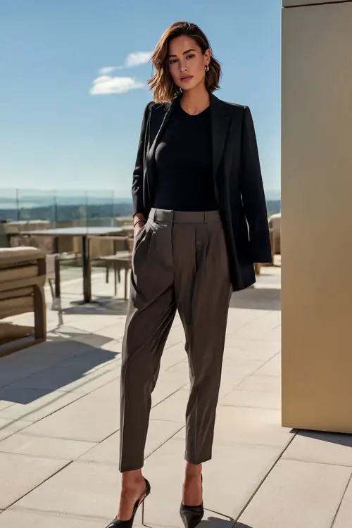 Full-body shot of a woman dressed in a monochrome business casual outfit featuring a blazer, refined knit top, and tailored pants, elevated party-ready aesthetic 