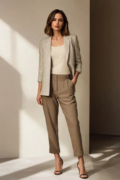 Full-body shot of a woman dressed in a neutral-toned blazer with a fine-knit top, cropped trousers, and low heels, modern business casual style, minimalist office backdrop