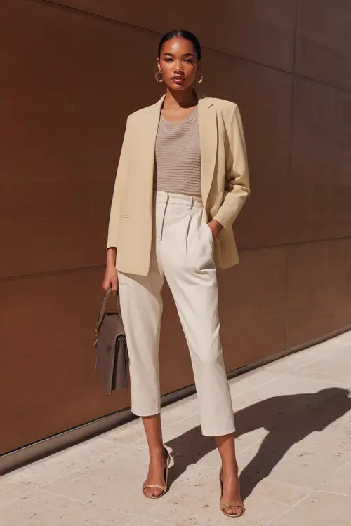Full-body shot of a woman dressed in a neutral-toned blazer with a fine-knit top, cropped trousers, and low heels, modern business casual style, minimalist office backdrop 