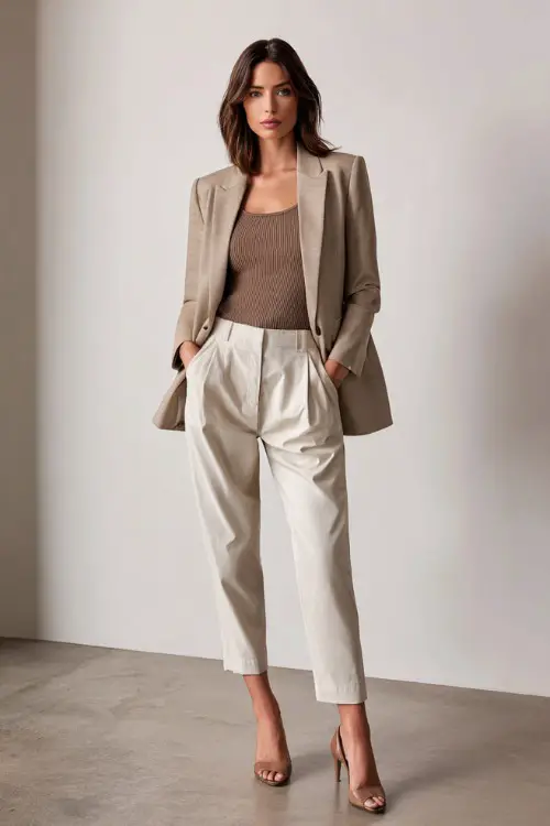 Full-body shot of a woman dressed in a neutral-toned blazer with a fine-knit top, cropped trousers, and low heels, modern business casual style, minimalist office backdrop