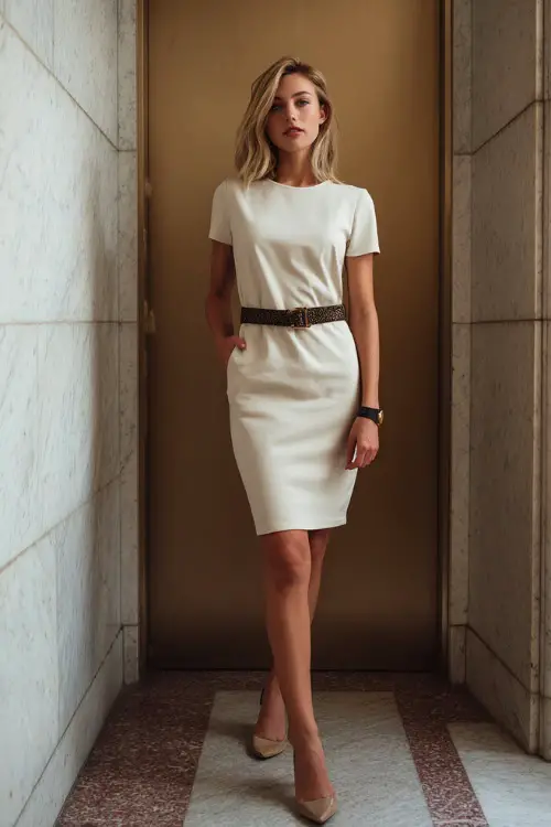 Full-body shot of a woman dressed in a simple shift dress with a belt and low block heels, effortless business casual style, minimalist office corridor background 