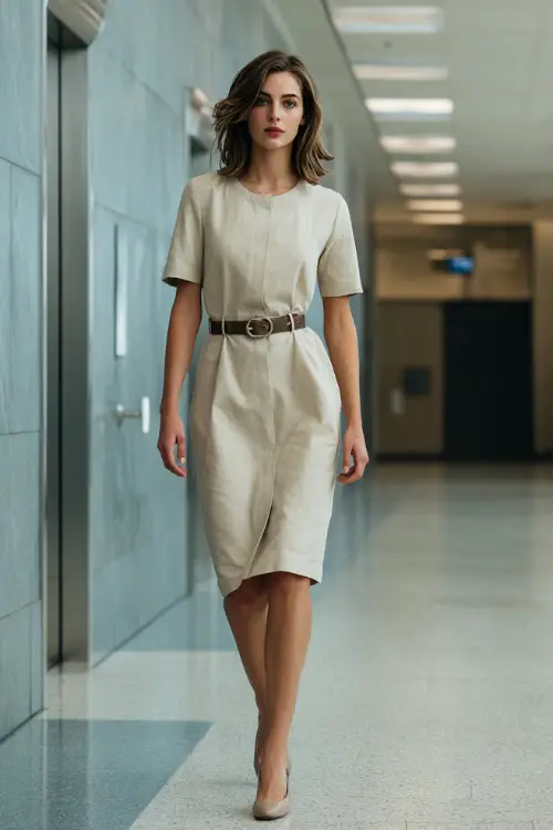 Full-body shot of a woman dressed in a simple shift dress with a belt and low block heels, effortless business casual style, minimalist office corridor background 