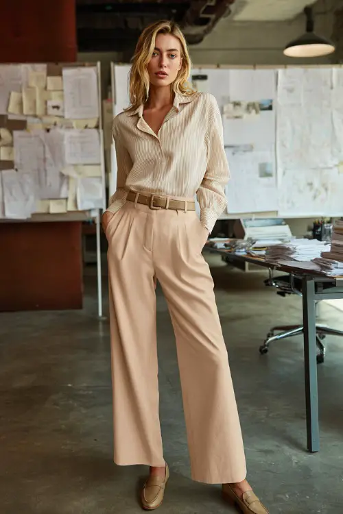 Full-body shot of a woman dressed in a soft blouse tucked into wide-leg trousers with a belt, finished with sleek loafers, classy professional outfit