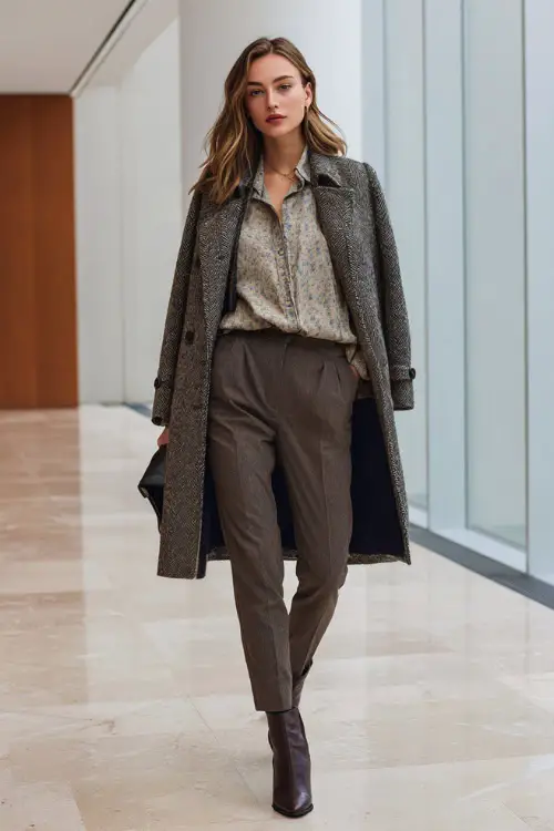 Full-body shot of a woman in a belted wool coat worn over a blouse and slim-fit trousers, finished with leather ankle boots, classic winter business casual outfit