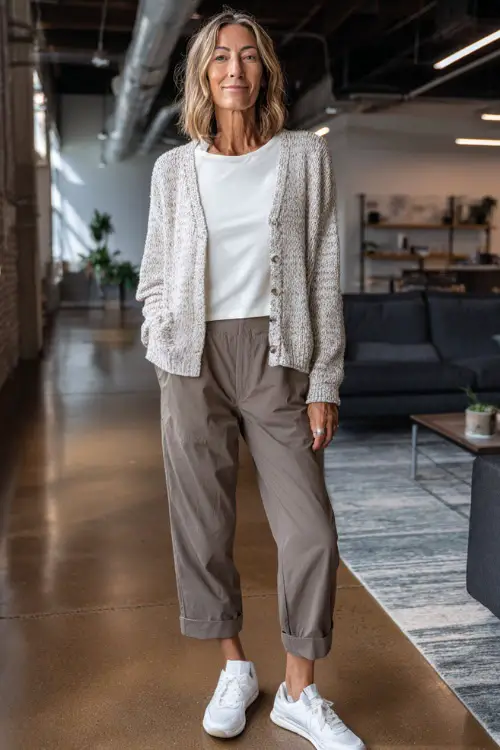 Full-body shot of a woman over 40 dressed in a cropped cardigan layered over a plain tee, straight-leg pants, and clean white sneakers, casual office-appropriate look 