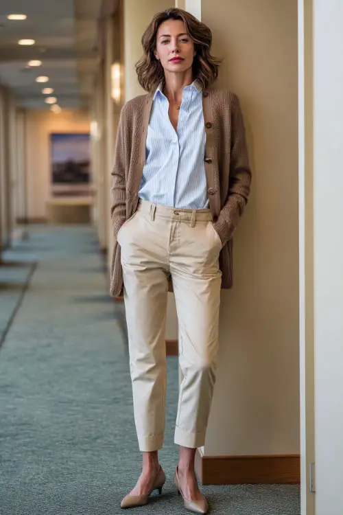 Full-body shot of a woman over 40 dressed in a structured cardigan over a crisp button-down shirt, ankle-length tailored pants, and low heels, timeless business casual style 