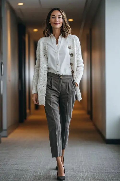 Full-body shot of a woman over 40 dressed in a structured cardigan over a crisp button-down shirt, ankle-length tailored pants, and low heels, timeless business casual style