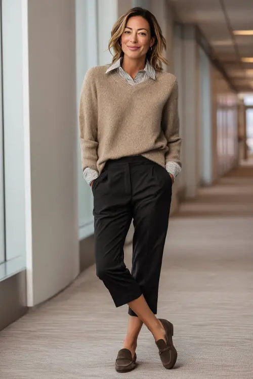 Full-body shot of a woman over 40 wearing a lightweight sweater layered over a button-down shirt, ankle-length tailored pants, and slip-on loafers, laid-back professional look