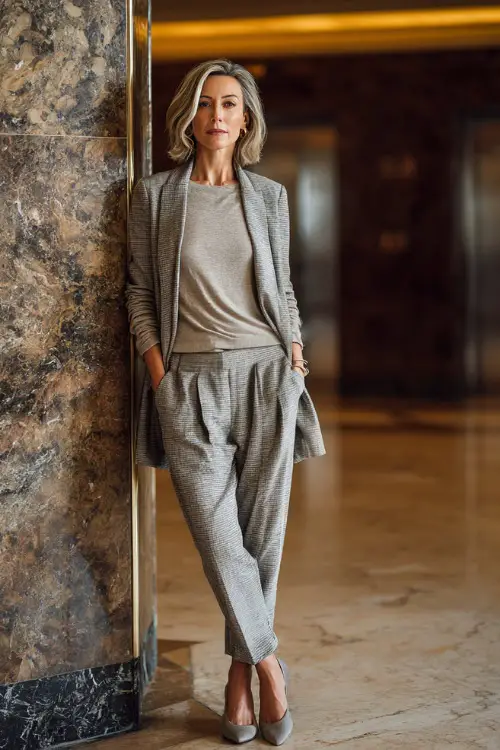 Full-body shot of a woman over 40 wearing a longline blazer over a knit top, straight-leg trousers, and pointed flats, sophisticated business casual outfit 