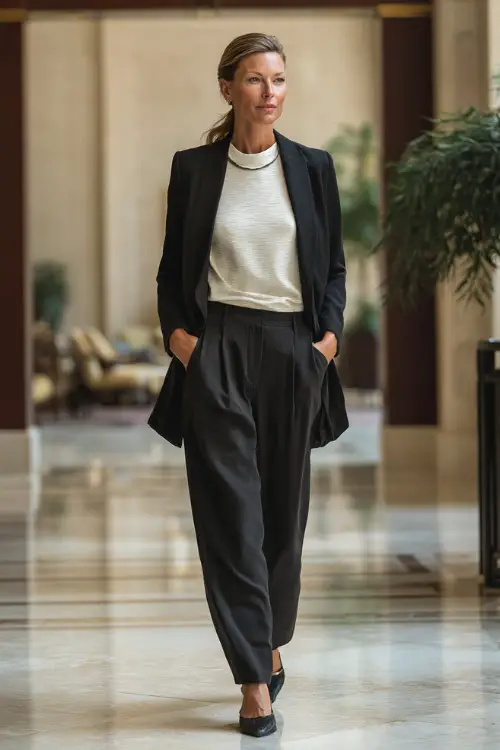 Full-body shot of a woman over 40 wearing a longline blazer over a knit top, straight-leg trousers, and pointed flats, sophisticated business casual outfit