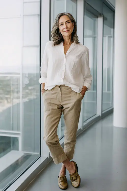 Full-body shot of a woman over 40 wearing a soft cotton button-down shirt half-tucked into straight-leg trousers with loafers, casual business casual outfit