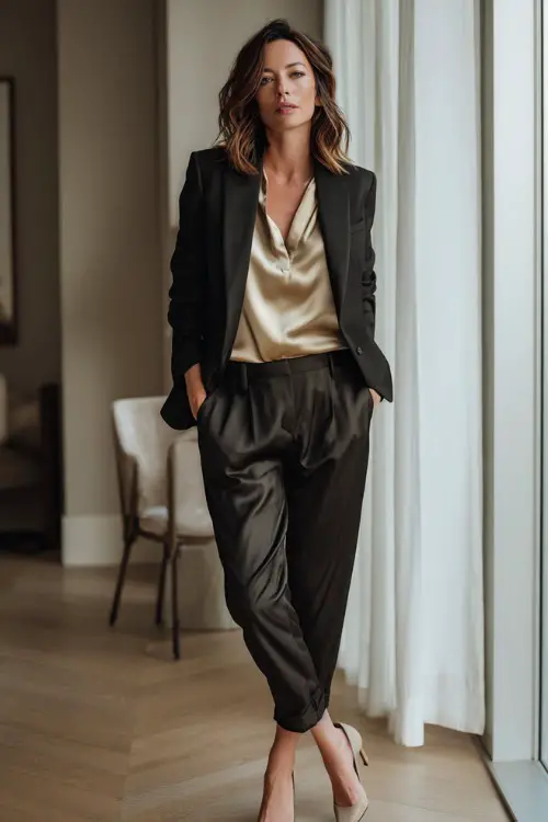 Full-body shot of a woman over 40 wearing a tailored blazer over a soft satin blouse, straight-leg trousers, and pointed-toe heels, refined business casual outfit 