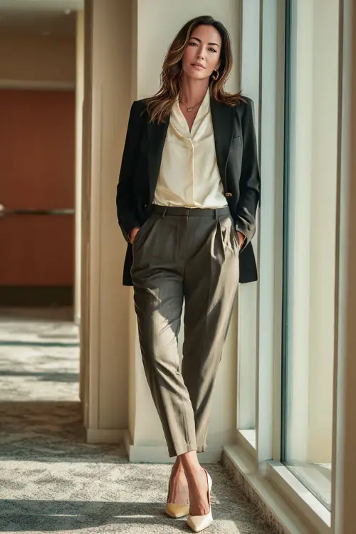 Full-body shot of a woman over 40 wearing a tailored blazer over a soft satin blouse, straight-leg trousers, and pointed-toe heels, refined business casual outfit