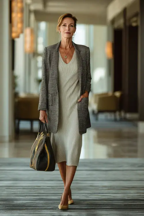 Full-body shot of a woman over 40 dressed in a longline blazer layered over a simple knit dress with block-heel pumps, sophisticated business casual outfit