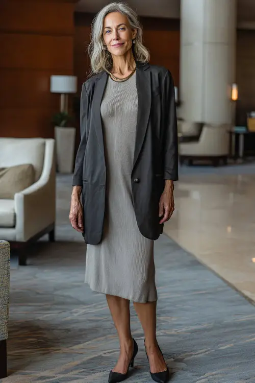 Full-body shot of a woman over 50 dressed in a longline blazer layered over a simple knit dress with block-heel pumps, sophisticated business casual outfit