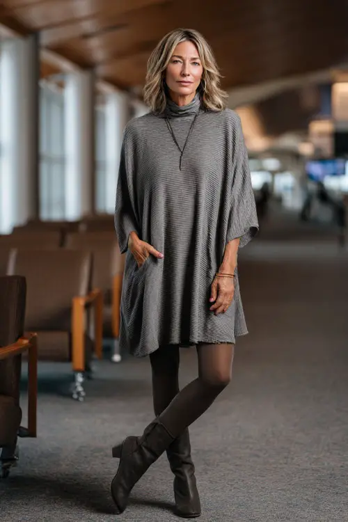 Full-body shot of a woman over 40 wearing a lightweight knit poncho layered over a midi dress, styled with tights and low-heel ankle boots