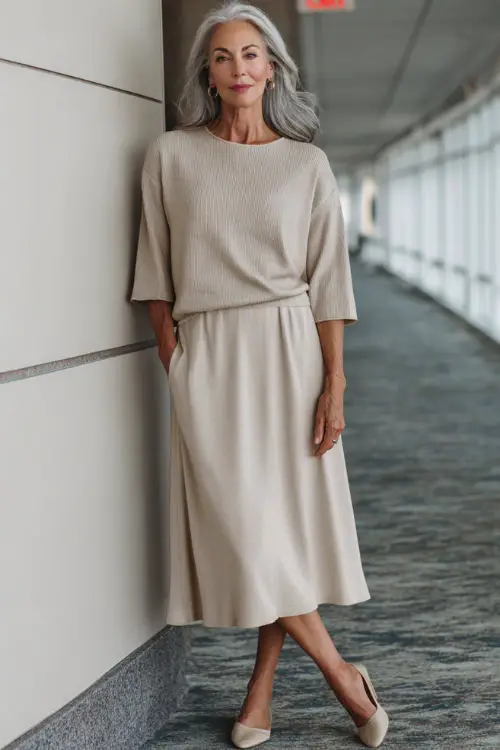 Full-body shot of a woman over 50 wearing a monochrome outfit featuring a soft knit top, matching midi skirt, and elegant flats, modern minimalist business casual aesthetic 