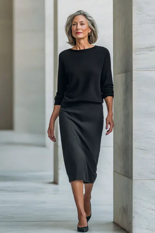 Full-body shot of a woman over 50 wearing a monochrome outfit featuring a soft knit top, matching midi skirt, and elegant flats, modern minimalist business casual aesthetic