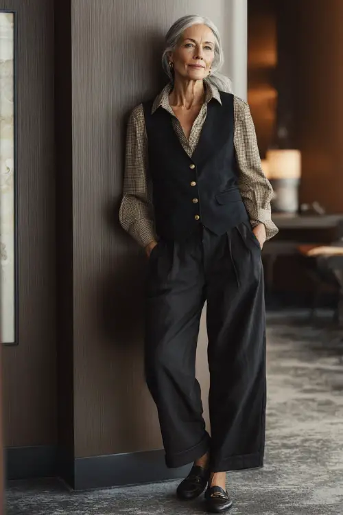 Full-body shot of a woman over 50 wearing a soft draped blouse tucked into wide-leg trousers with a belt and low block heels, elegant business casual outfit