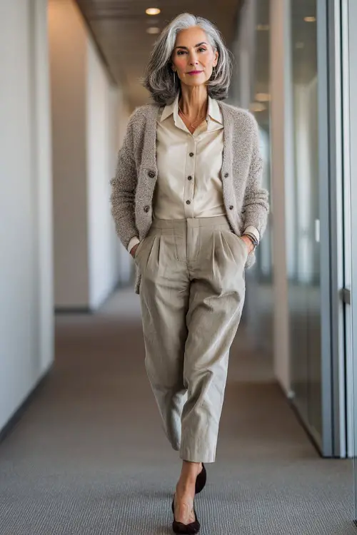 Full-body shot of a woman over 55 dressed in a structured cardigan over a button-down shirt, ankle-length tailored pants, and low heels, timeless business casual style 