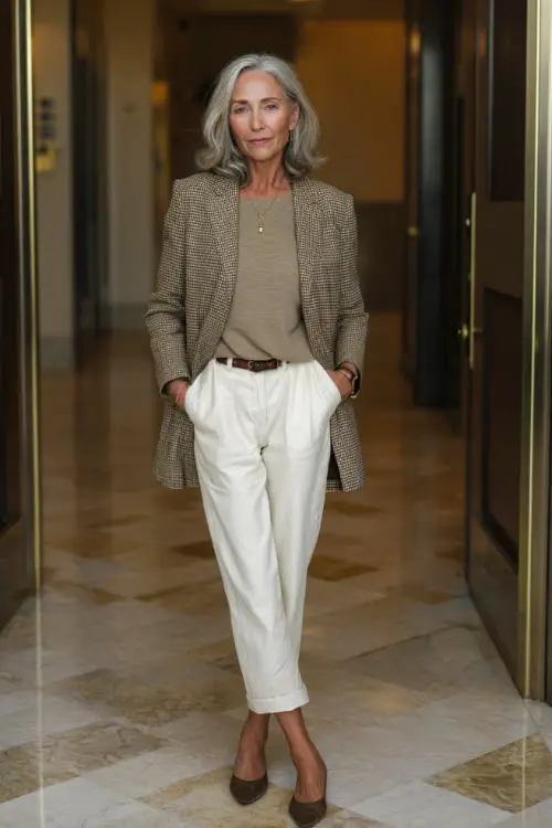 Full-body shot of a woman over 55 wearing a longline blazer over a knit top, straight-leg trousers, and pointed flats, sophisticated business casual outfit 